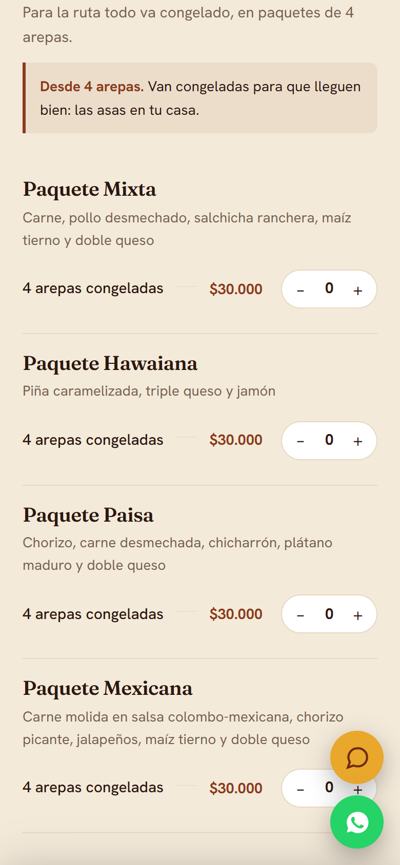 El mismo paso en un celular: la lista de paquetes congelados con su precio y el contador de cada uno