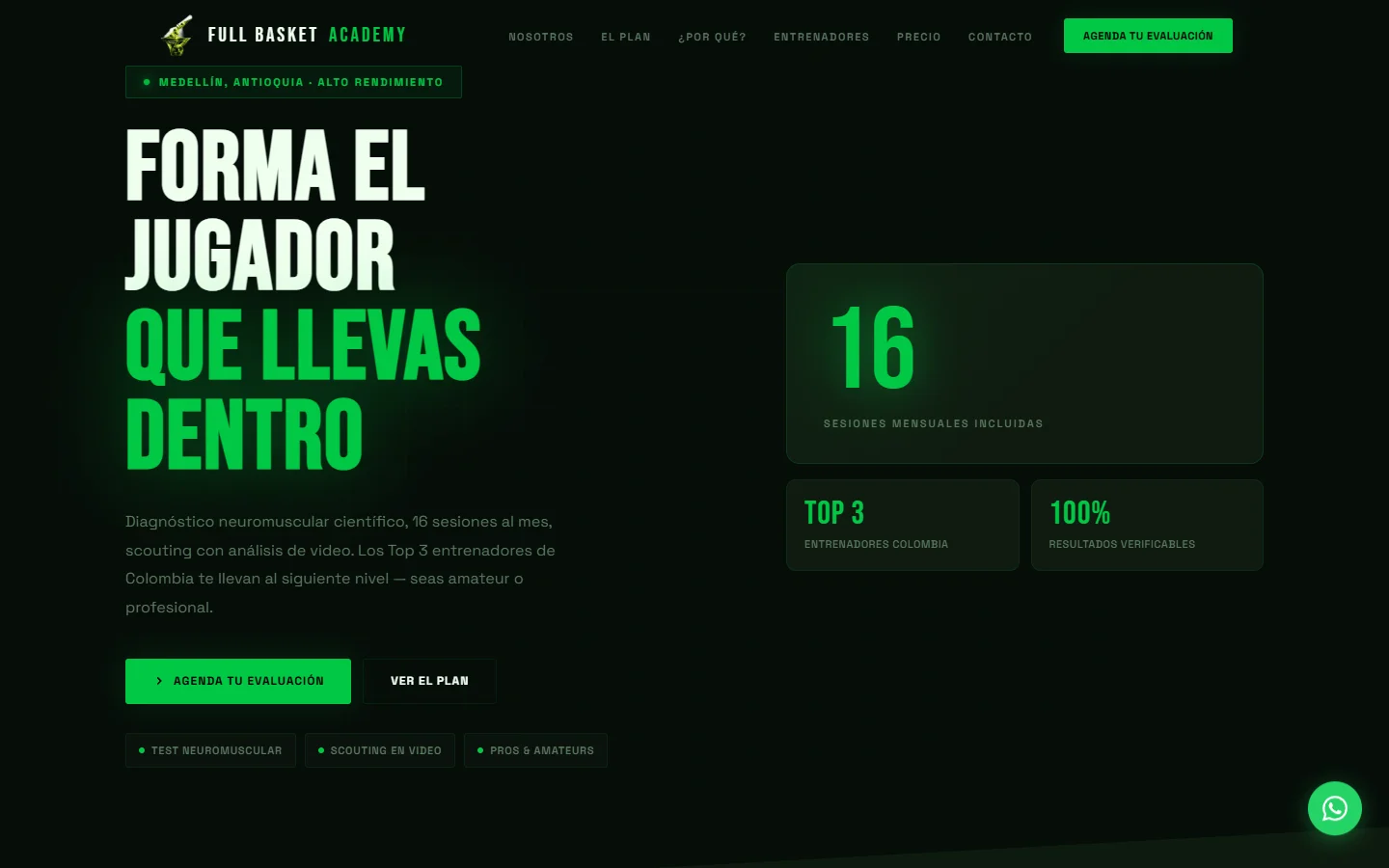 Portada del sitio de Full Basket Academy en computador